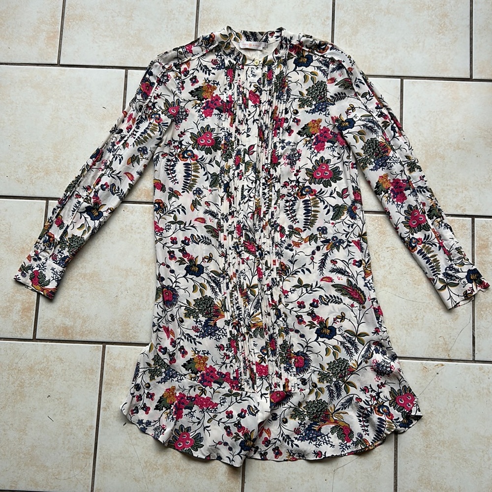 Tory Burch Cream Floral Pintuck Long Sleeve Tunic Dress